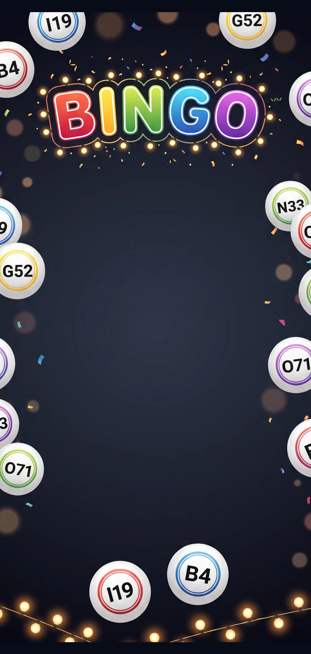 The bingo screen mid-round, called balls scattered around the board.