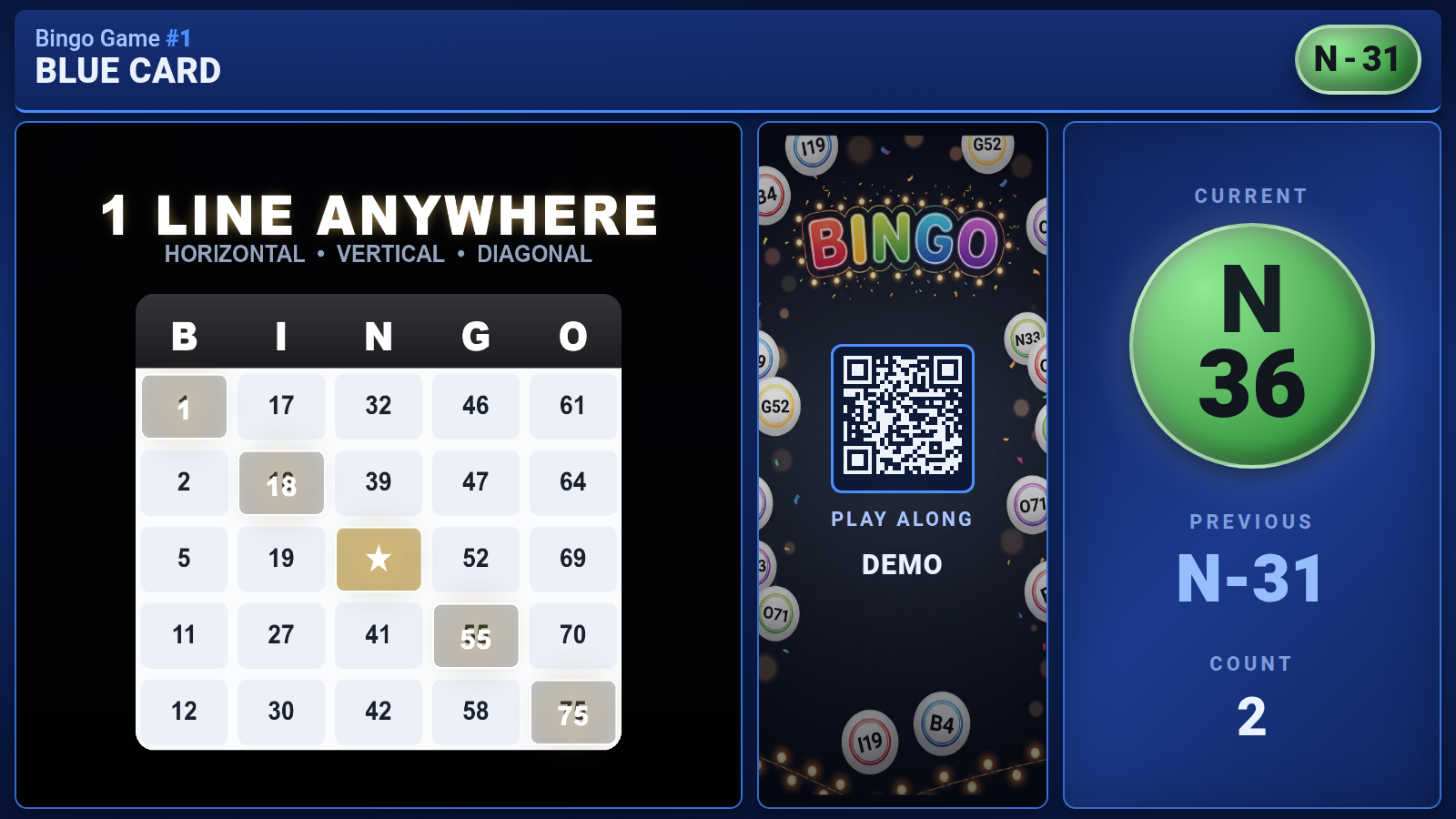 The big screen mid-game: the current ball called large, the pattern to hit, and the join code with a QR.